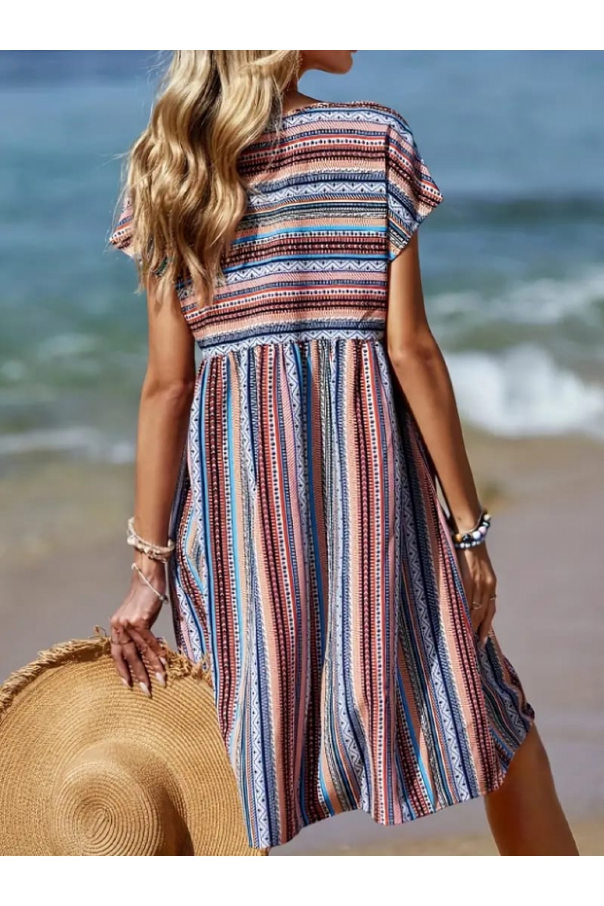 Women's Short Sleeve V-Neck Pleated Detail Linen Dress, 16395